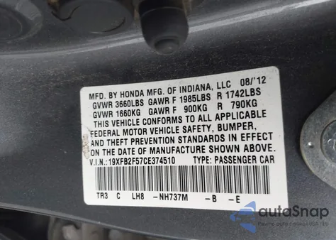 2012 Honda Civic Lx from USA, damaged, VIN 19XFB2F57CE374510